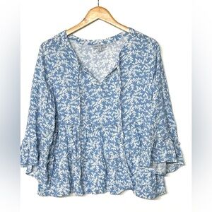 Floral‎ & Ivy Flowy Blue & White Peasant Boho Women's Top size M
